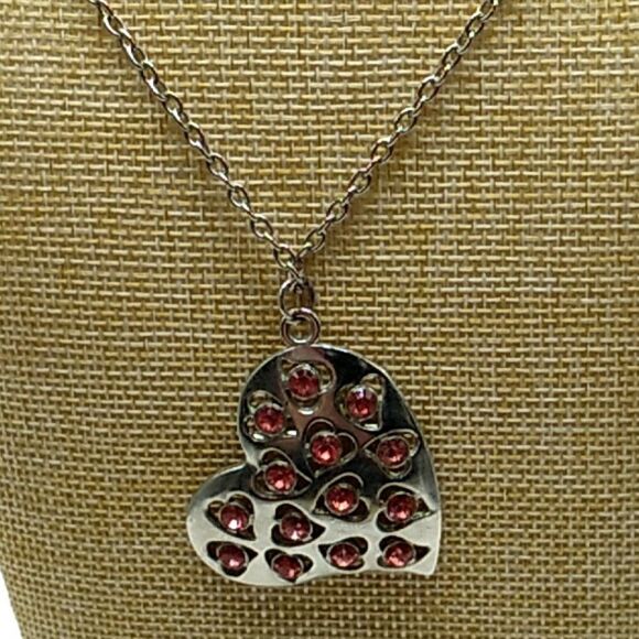 Silver-tone Heart Necklace Red Rhinestones - Picture 3 of 15